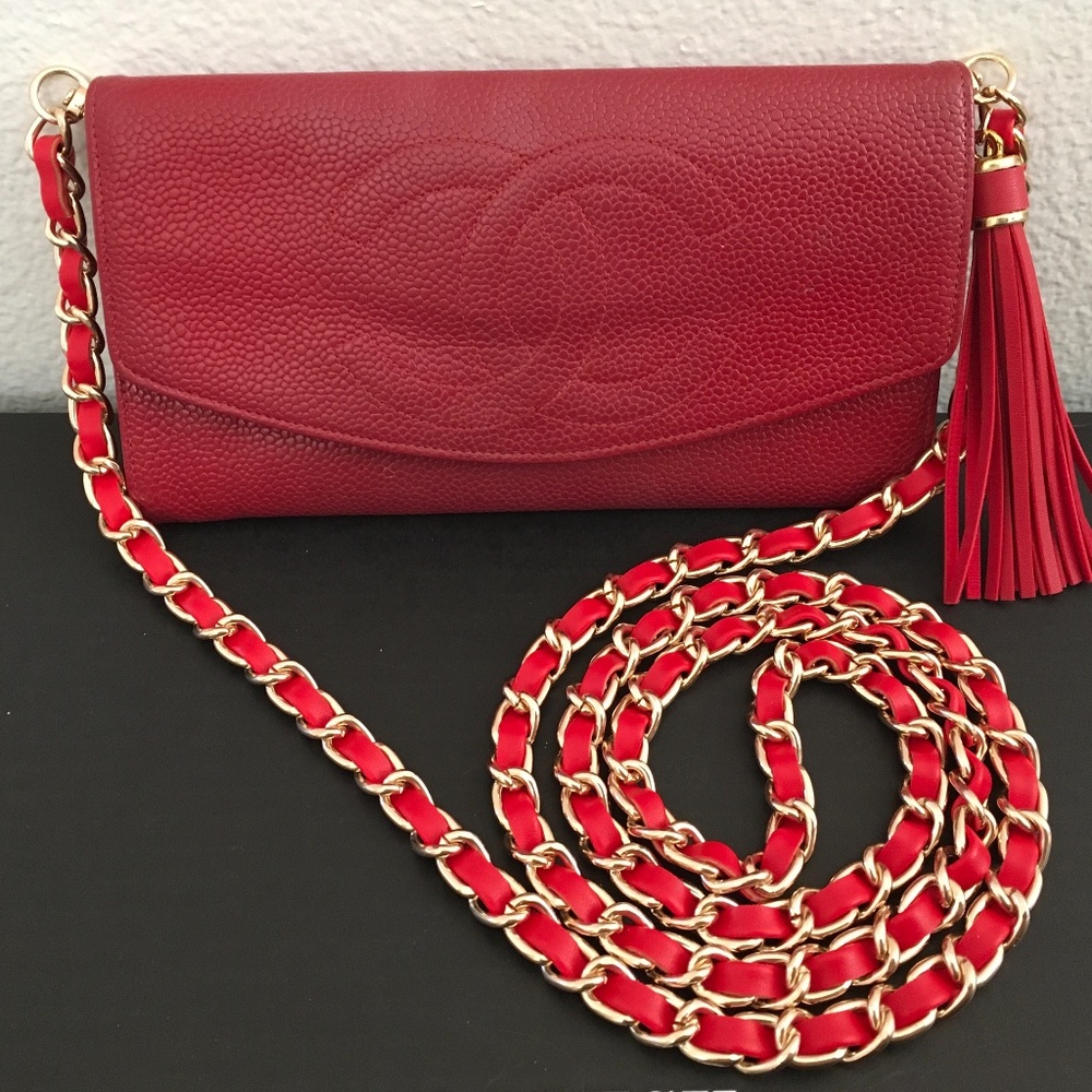 CHANEL Red caviar leather Double Flap Timeless Clutch Wallet